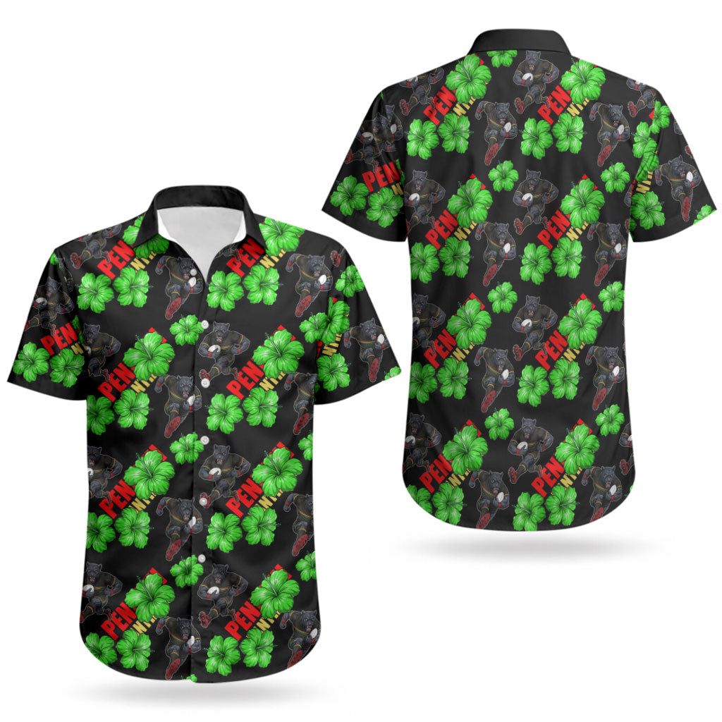 Penrith Panthers Couples Matching Mermaid Dress and Hawaiian Shirt Tropical Hibiscus Floral Seamless Rugby Mascot