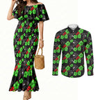 Penrith Panthers Couples Matching Mermaid Dress and Long Sleeve Button Shirt Tropical Hibiscus Floral Seamless Rugby Mascot