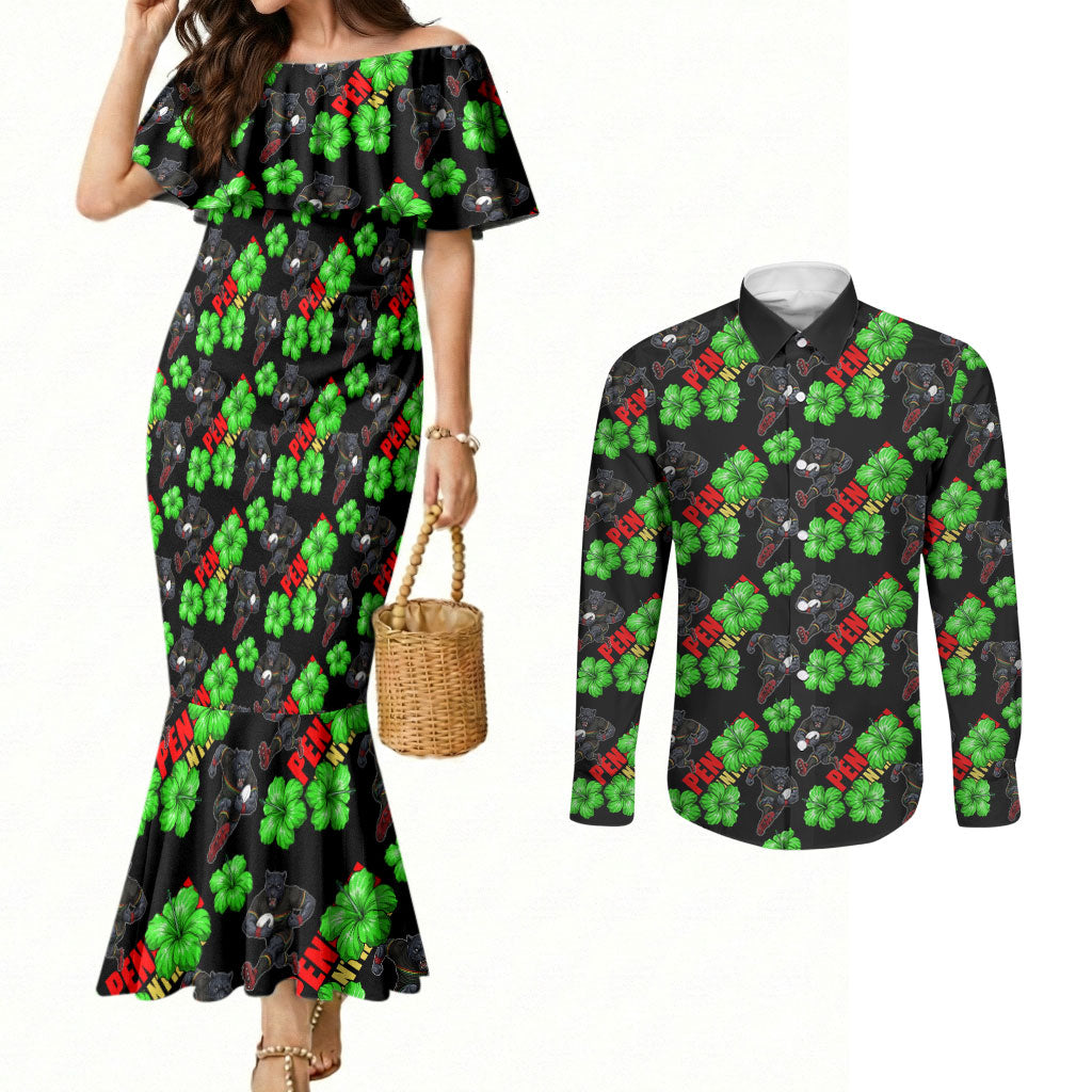 Penrith Panthers Couples Matching Mermaid Dress and Long Sleeve Button Shirt Tropical Hibiscus Floral Seamless Rugby Mascot