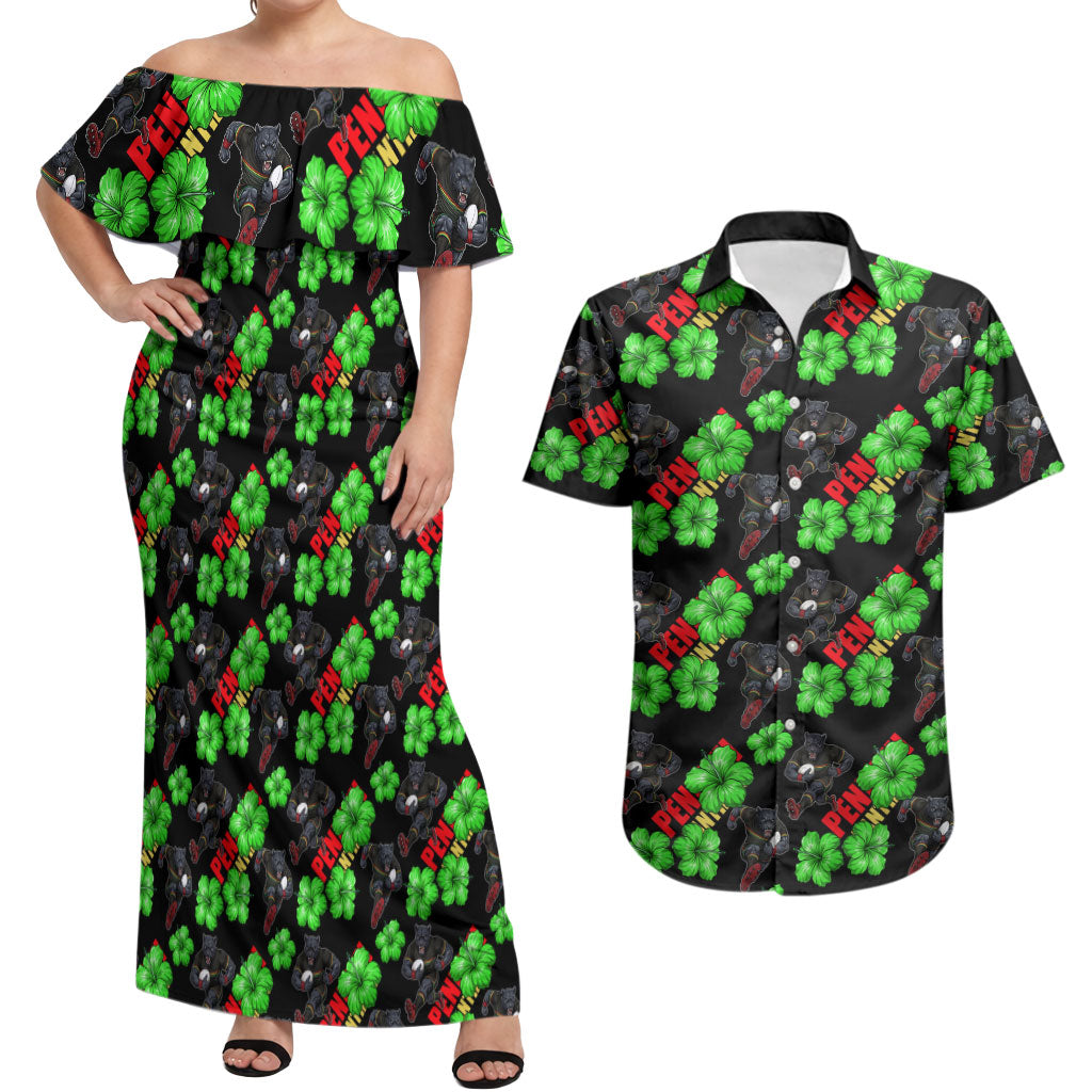 Penrith Panthers Couples Matching Off Shoulder Maxi Dress and Hawaiian Shirt Tropical Hibiscus Floral Seamless Rugby Mascot