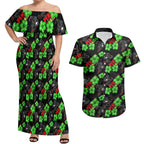 Penrith Panthers Couples Matching Off Shoulder Maxi Dress and Hawaiian Shirt Tropical Hibiscus Floral Seamless Rugby Mascot