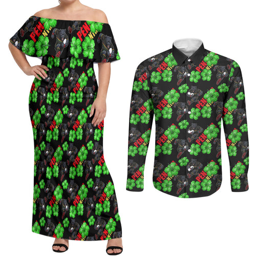 Penrith Panthers Couples Matching Off Shoulder Maxi Dress and Long Sleeve Button Shirt Tropical Hibiscus Floral Seamless Rugby Mascot