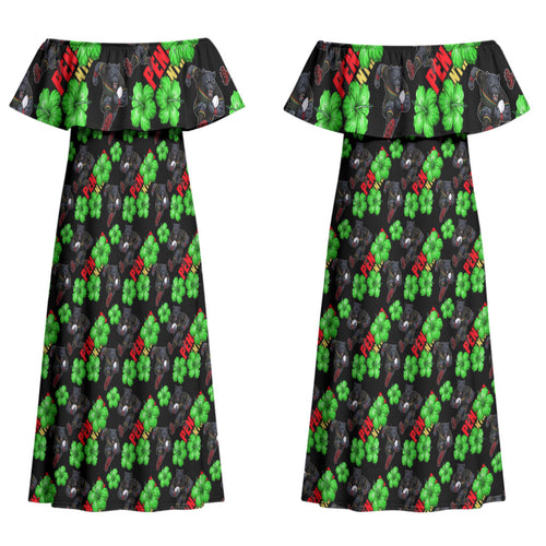 Penrith Panthers Couples Matching Off Shoulder Maxi Dress and Long Sleeve Button Shirt Tropical Hibiscus Floral Seamless Rugby Mascot