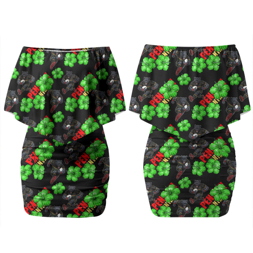 Penrith Panthers Couples Matching Off Shoulder Short Dress and Hawaiian Shirt Tropical Hibiscus Floral Seamless Rugby Mascot