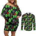 Penrith Panthers Couples Matching Off Shoulder Short Dress and Long Sleeve Button Shirt Tropical Hibiscus Floral Seamless Rugby Mascot
