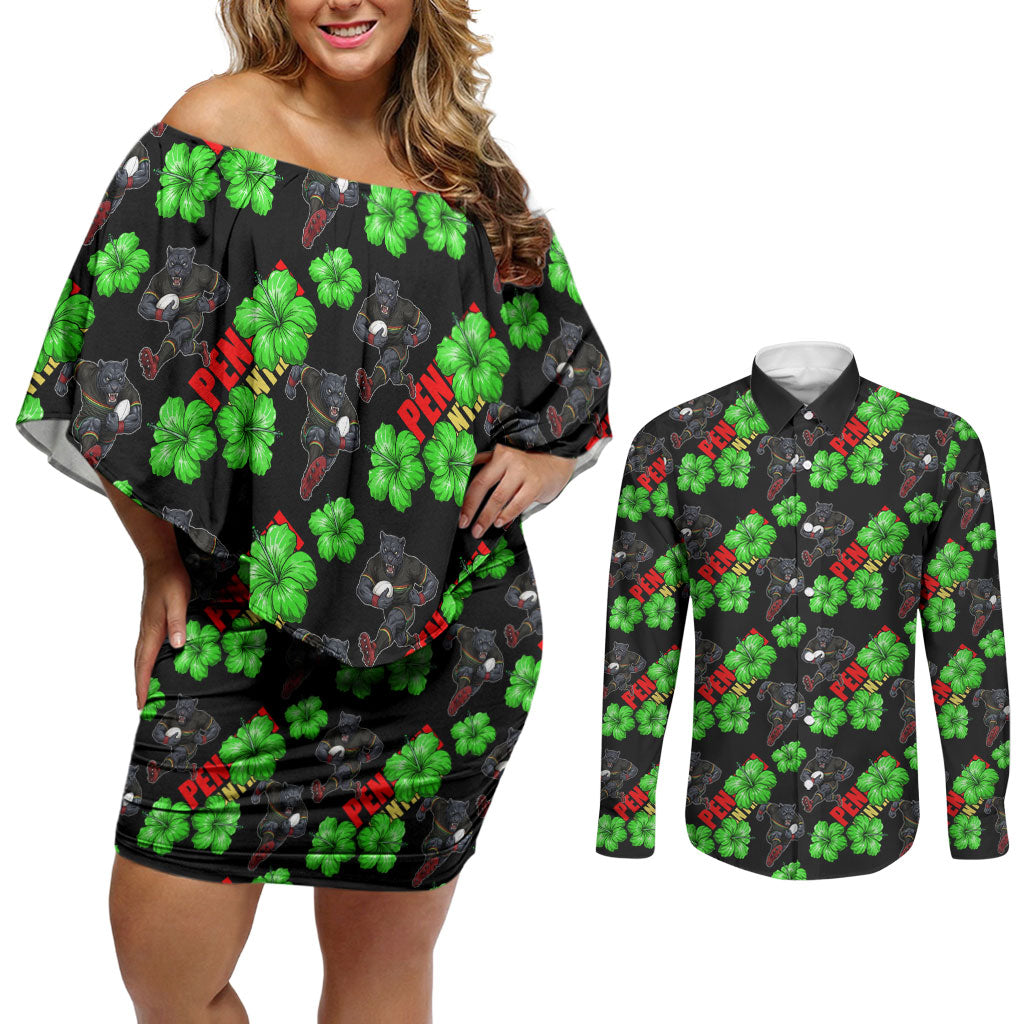 Penrith Panthers Couples Matching Off Shoulder Short Dress and Long Sleeve Button Shirt Tropical Hibiscus Floral Seamless Rugby Mascot