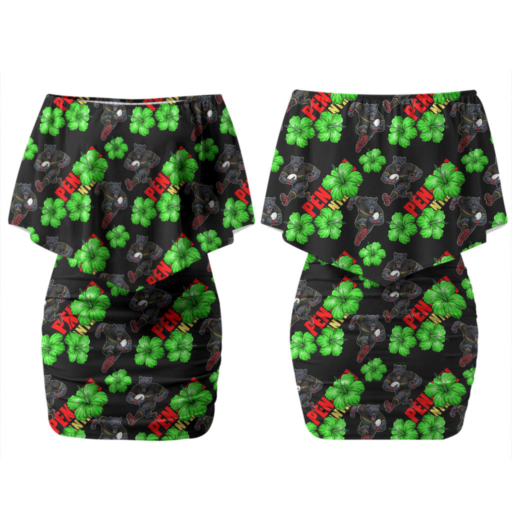 Penrith Panthers Couples Matching Off Shoulder Short Dress and Long Sleeve Button Shirt Tropical Hibiscus Floral Seamless Rugby Mascot