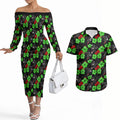 Penrith Panthers Couples Matching Off The Shoulder Long Sleeve Dress and Hawaiian Shirt Tropical Hibiscus Floral Seamless Rugby Mascot