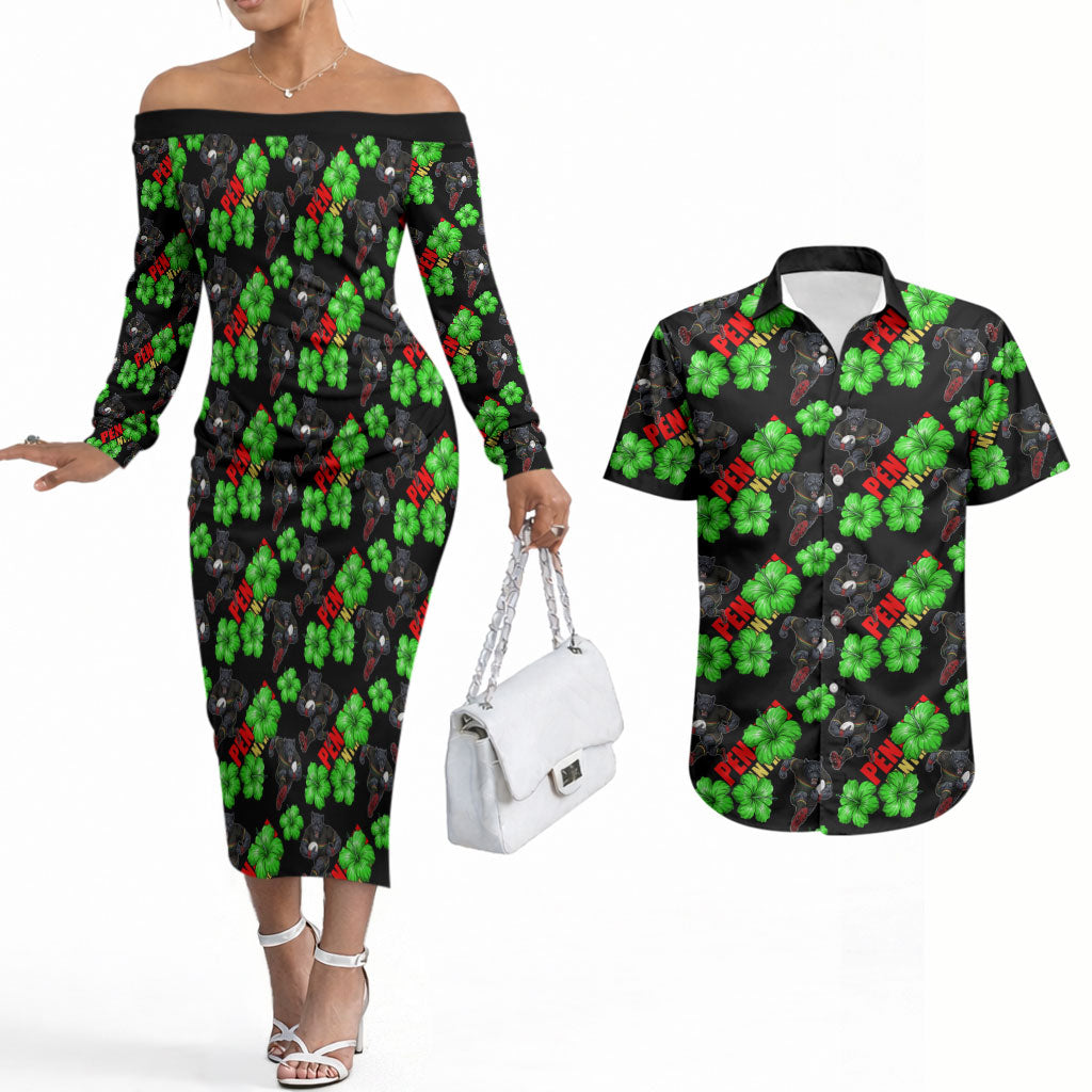 Penrith Panthers Couples Matching Off The Shoulder Long Sleeve Dress and Hawaiian Shirt Tropical Hibiscus Floral Seamless Rugby Mascot