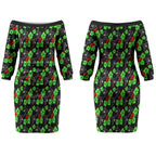 Penrith Panthers Couples Matching Off The Shoulder Long Sleeve Dress and Hawaiian Shirt Tropical Hibiscus Floral Seamless Rugby Mascot