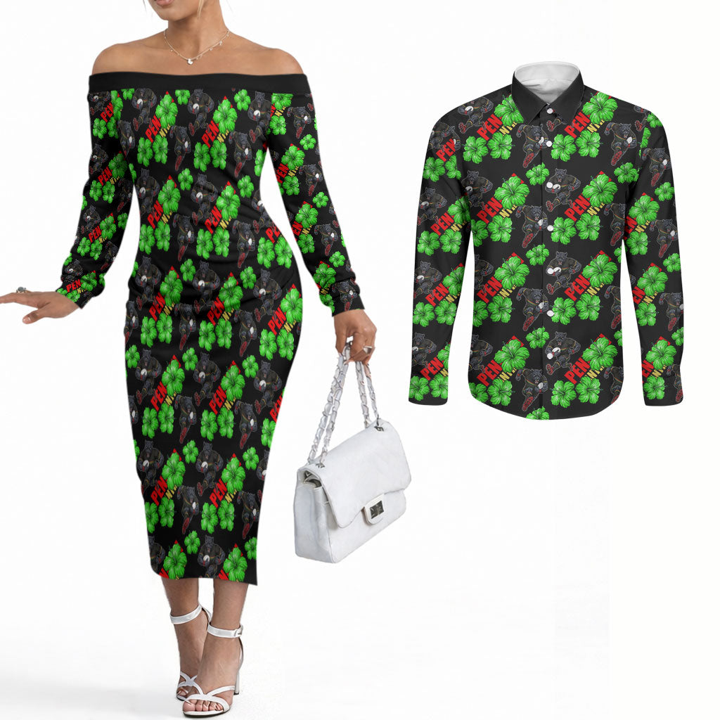 Penrith Panthers Couples Matching Off The Shoulder Long Sleeve Dress and Long Sleeve Button Shirt Tropical Hibiscus Floral Seamless Rugby Mascot