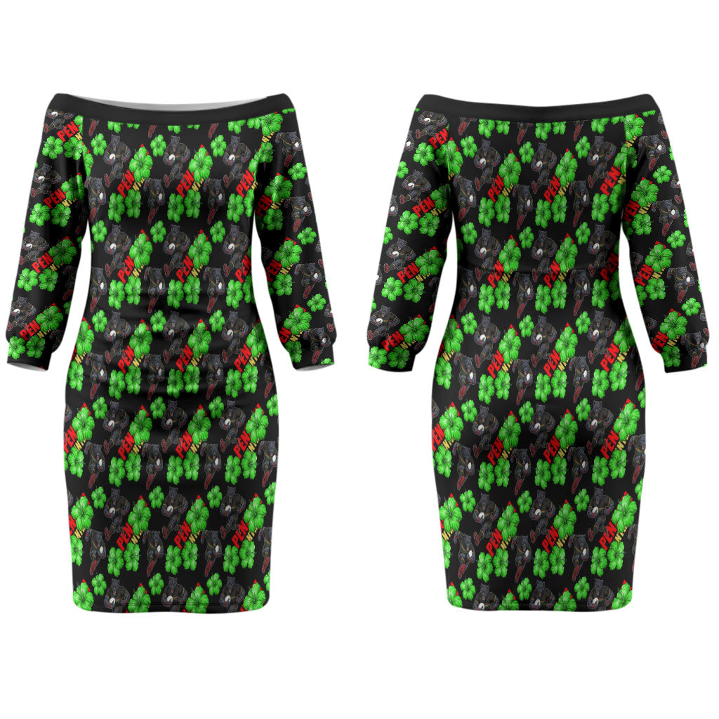 Penrith Panthers Couples Matching Off The Shoulder Long Sleeve Dress and Long Sleeve Button Shirt Tropical Hibiscus Floral Seamless Rugby Mascot