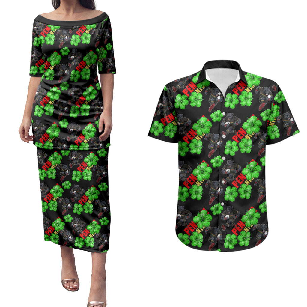 Penrith Panthers Couples Matching Puletasi and Hawaiian Shirt Tropical Hibiscus Floral Seamless Rugby Mascot