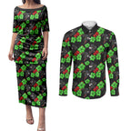Penrith Panthers Couples Matching Puletasi and Long Sleeve Button Shirt Tropical Hibiscus Floral Seamless Rugby Mascot