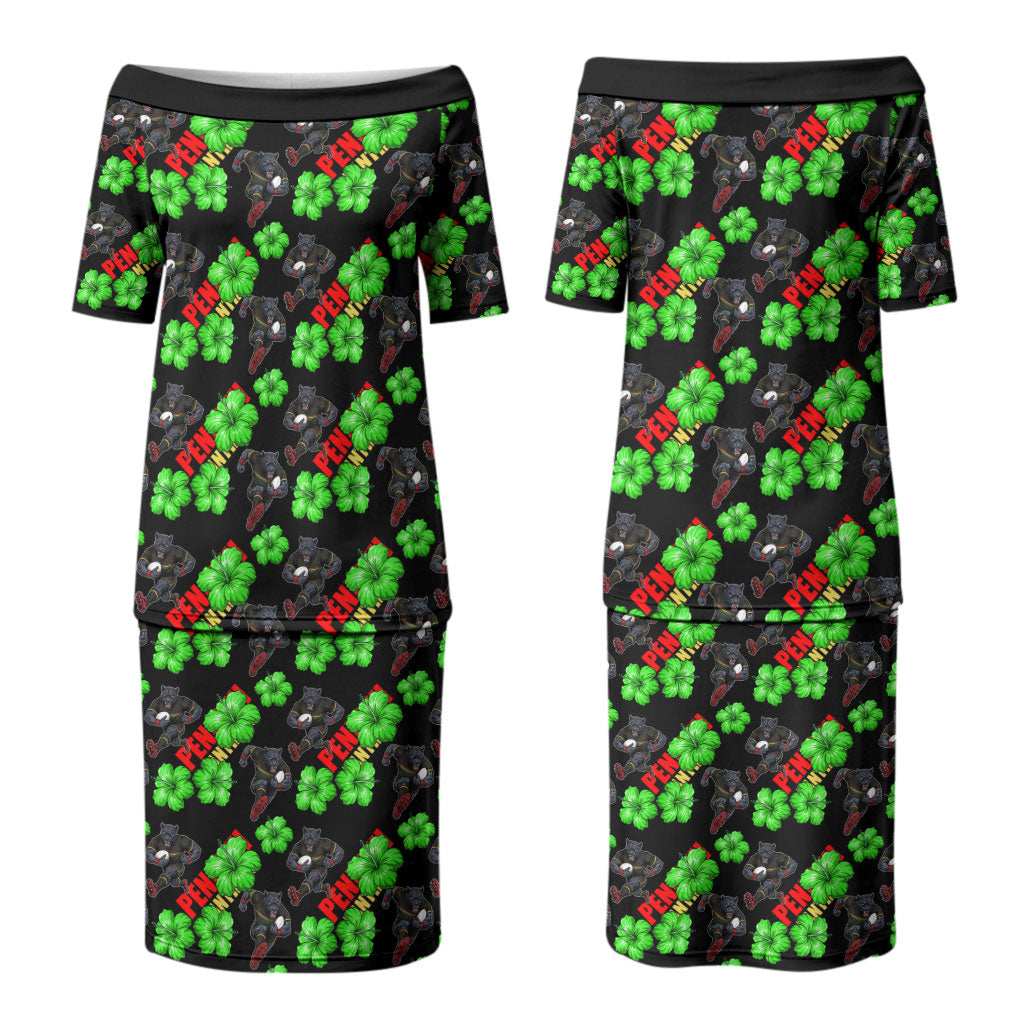 Penrith Panthers Couples Matching Puletasi and Long Sleeve Button Shirt Tropical Hibiscus Floral Seamless Rugby Mascot