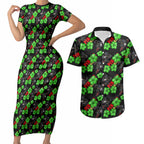 Penrith Panthers Couples Matching Short Sleeve Bodycon Dress and Hawaiian Shirt Tropical Hibiscus Floral Seamless Rugby Mascot