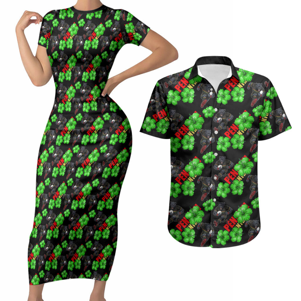 Penrith Panthers Couples Matching Short Sleeve Bodycon Dress and Hawaiian Shirt Tropical Hibiscus Floral Seamless Rugby Mascot