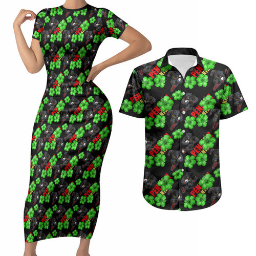 Penrith Panthers Couples Matching Short Sleeve Bodycon Dress and Hawaiian Shirt Tropical Hibiscus Floral Seamless Rugby Mascot