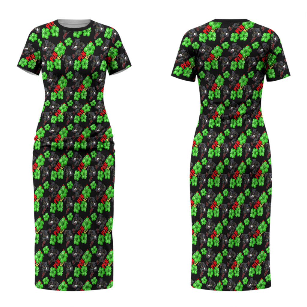 Penrith Panthers Couples Matching Short Sleeve Bodycon Dress and Hawaiian Shirt Tropical Hibiscus Floral Seamless Rugby Mascot