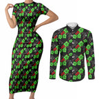 Penrith Panthers Couples Matching Short Sleeve Bodycon Dress and Long Sleeve Button Shirt Tropical Hibiscus Floral Seamless Rugby Mascot