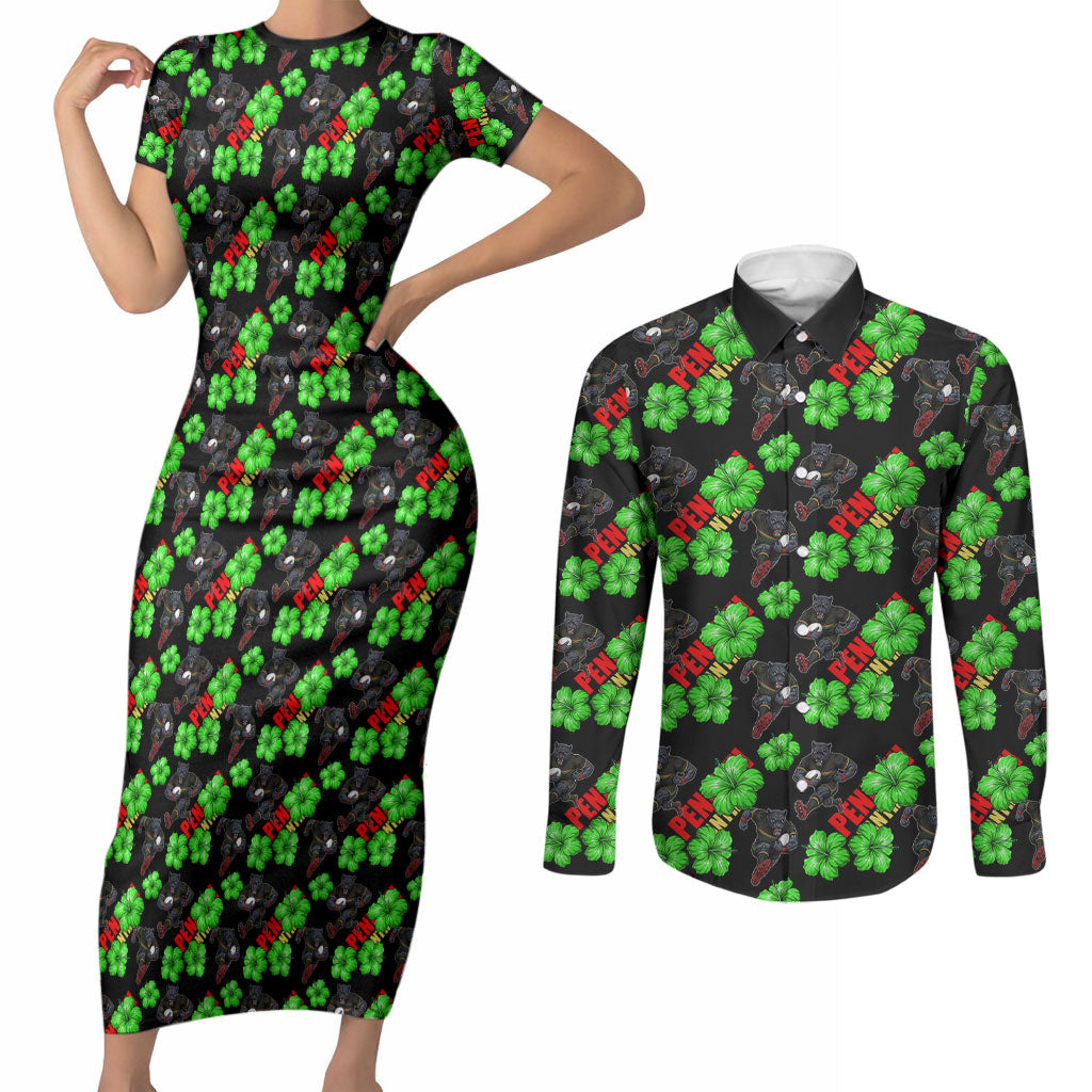Penrith Panthers Couples Matching Short Sleeve Bodycon Dress and Long Sleeve Button Shirt Tropical Hibiscus Floral Seamless Rugby Mascot