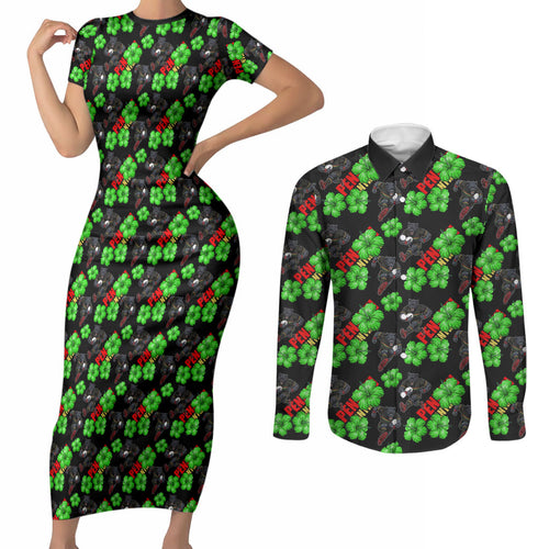 Penrith Panthers Couples Matching Short Sleeve Bodycon Dress and Long Sleeve Button Shirt Tropical Hibiscus Floral Seamless Rugby Mascot