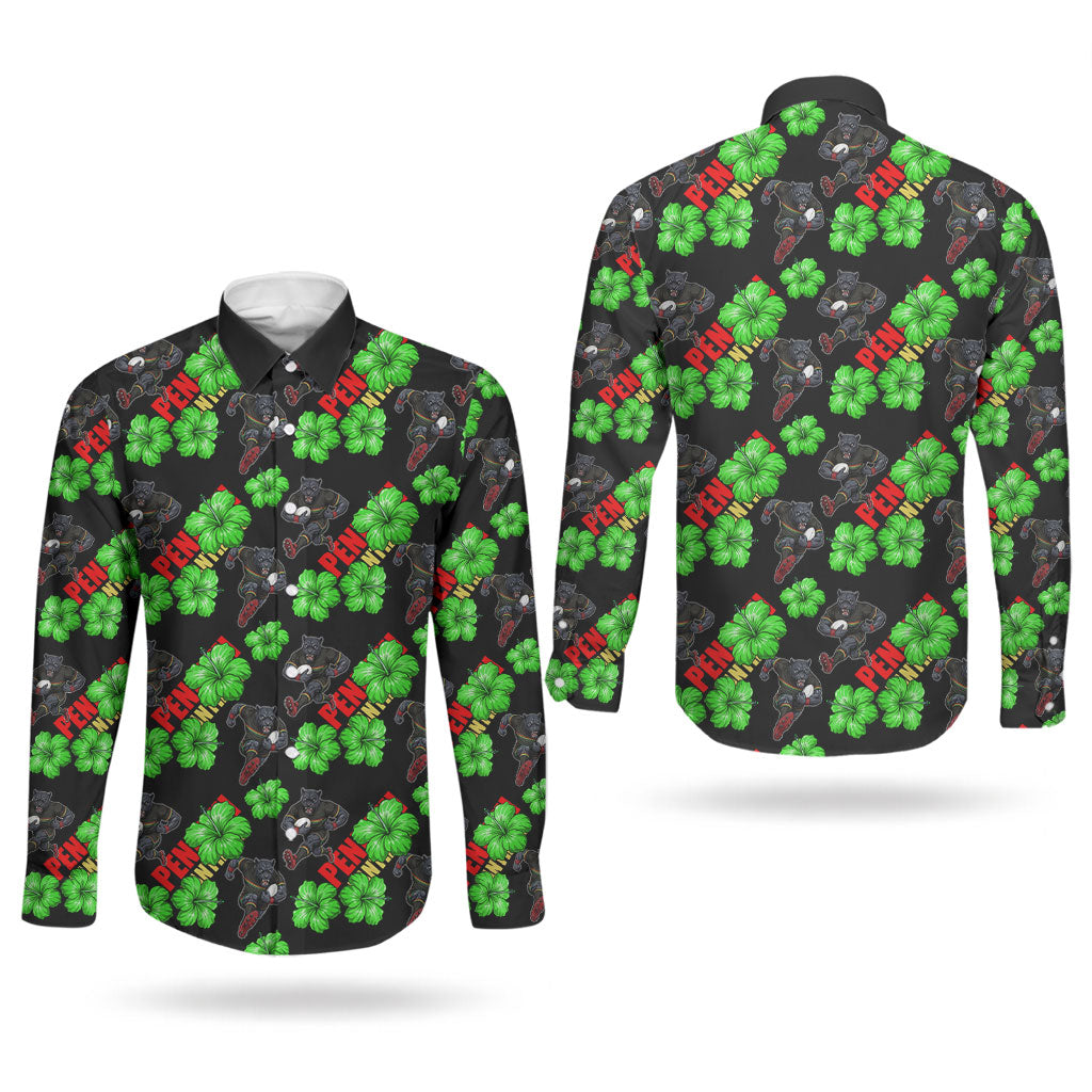 Penrith Panthers Couples Matching Short Sleeve Bodycon Dress and Long Sleeve Button Shirt Tropical Hibiscus Floral Seamless Rugby Mascot