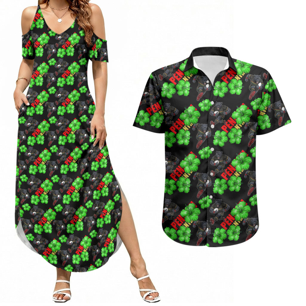 Penrith Panthers Couples Matching Summer Maxi Dress and Hawaiian Shirt Tropical Hibiscus Floral Seamless Rugby Mascot