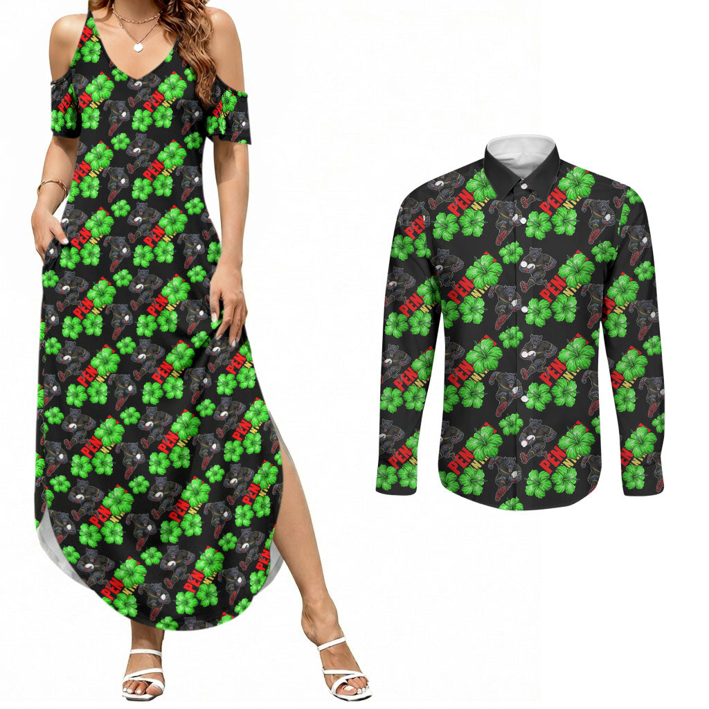 Penrith Panthers Couples Matching Summer Maxi Dress and Long Sleeve Button Shirt Tropical Hibiscus Floral Seamless Rugby Mascot