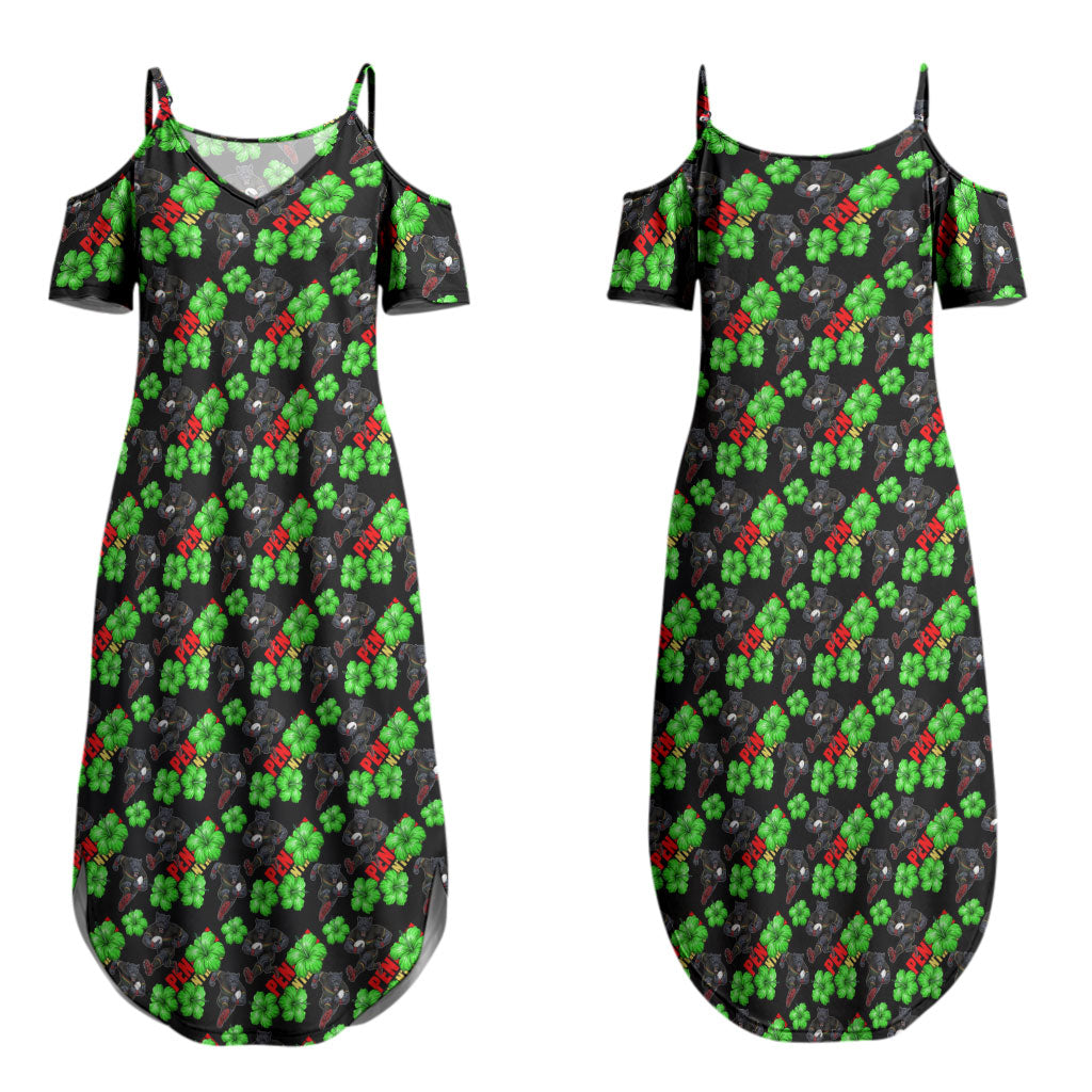 Penrith Panthers Couples Matching Summer Maxi Dress and Long Sleeve Button Shirt Tropical Hibiscus Floral Seamless Rugby Mascot