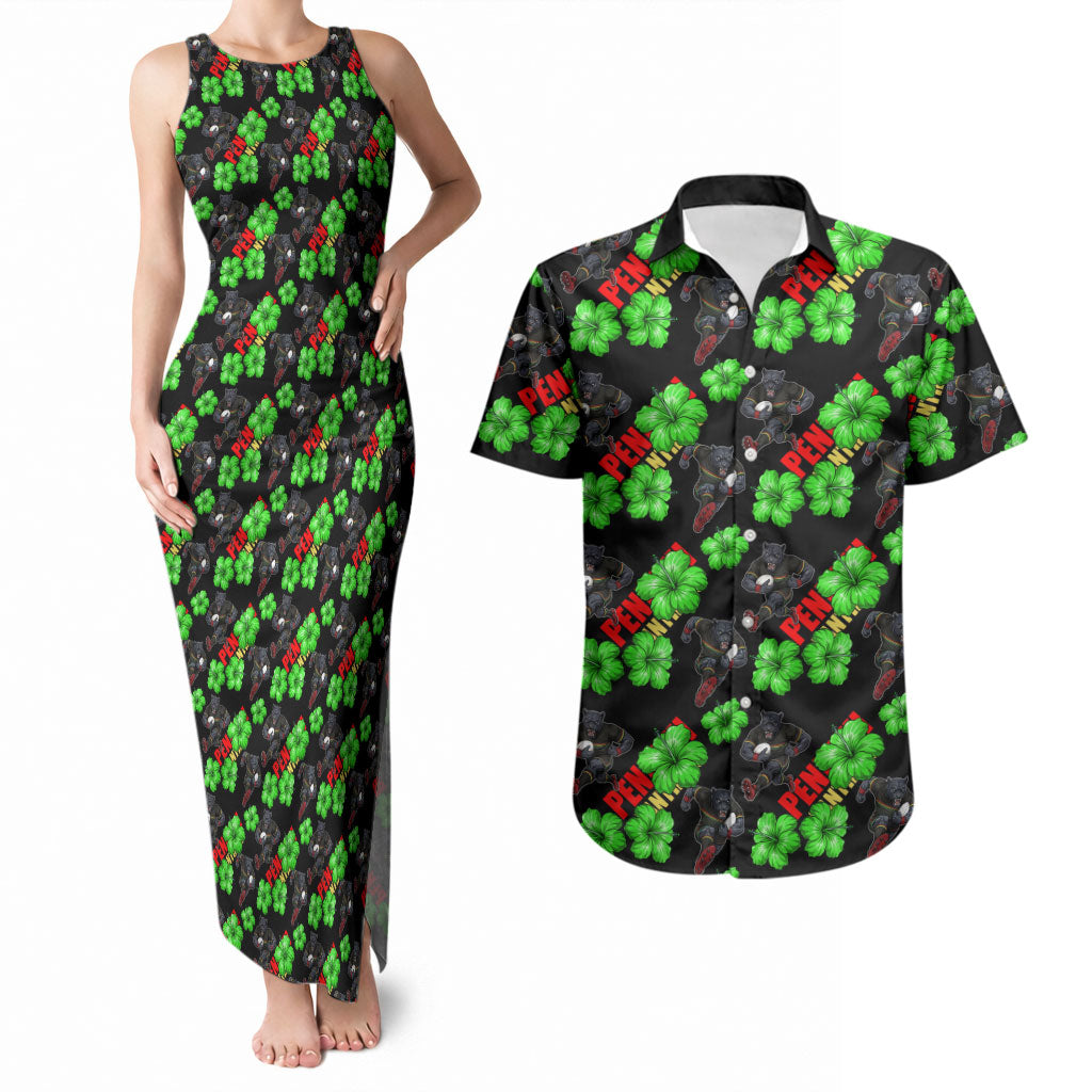 Penrith Panthers Couples Matching Tank Maxi Dress and Hawaiian Shirt Tropical Hibiscus Floral Seamless Rugby Mascot