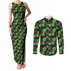 Penrith Panthers Couples Matching Tank Maxi Dress and Long Sleeve Button Shirt Tropical Hibiscus Floral Seamless Rugby Mascot