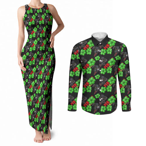 Penrith Panthers Couples Matching Tank Maxi Dress and Long Sleeve Button Shirt Tropical Hibiscus Floral Seamless Rugby Mascot