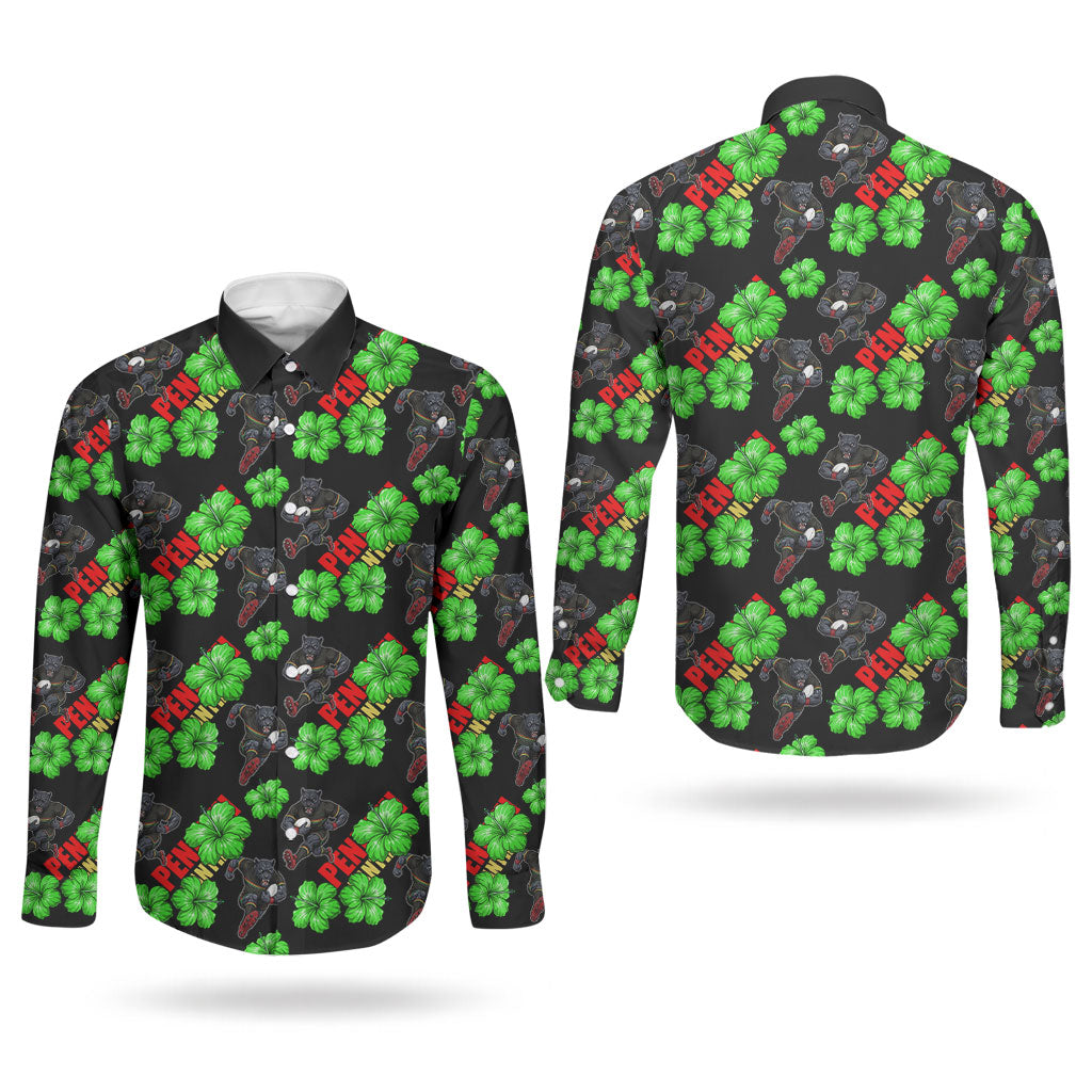 Penrith Panthers Couples Matching Tank Maxi Dress and Long Sleeve Button Shirt Tropical Hibiscus Floral Seamless Rugby Mascot