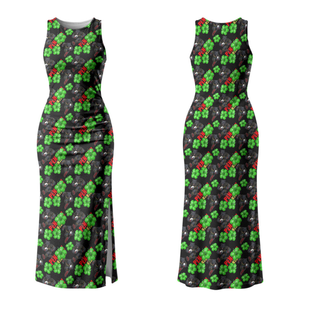 Penrith Panthers Couples Matching Tank Maxi Dress and Long Sleeve Button Shirt Tropical Hibiscus Floral Seamless Rugby Mascot