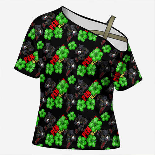 Penrith Panthers Cross Shoulder Shirt Tropical Hibiscus Floral Seamless Rugby Mascot