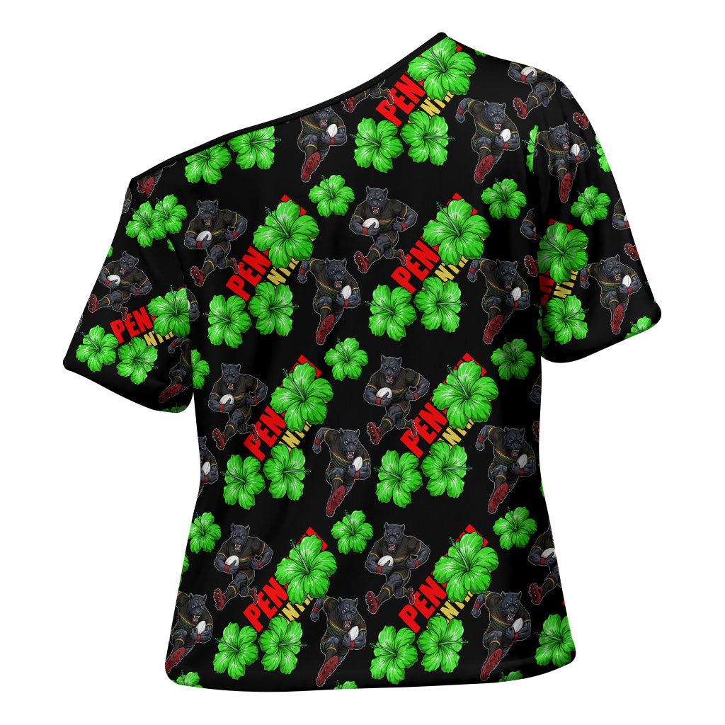 Penrith Panthers Cross Shoulder Shirt Tropical Hibiscus Floral Seamless Rugby Mascot