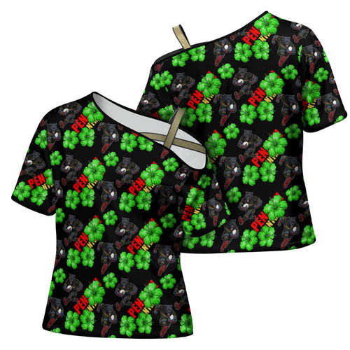 Penrith Panthers Cross Shoulder Shirt Tropical Hibiscus Floral Seamless Rugby Mascot