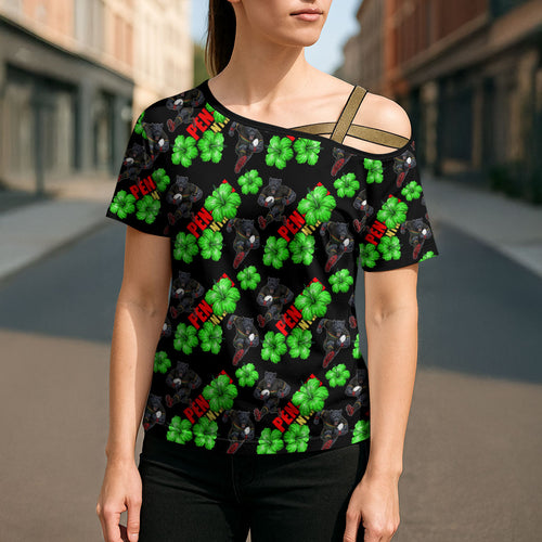 Penrith Panthers Cross Shoulder Shirt Tropical Hibiscus Floral Seamless Rugby Mascot