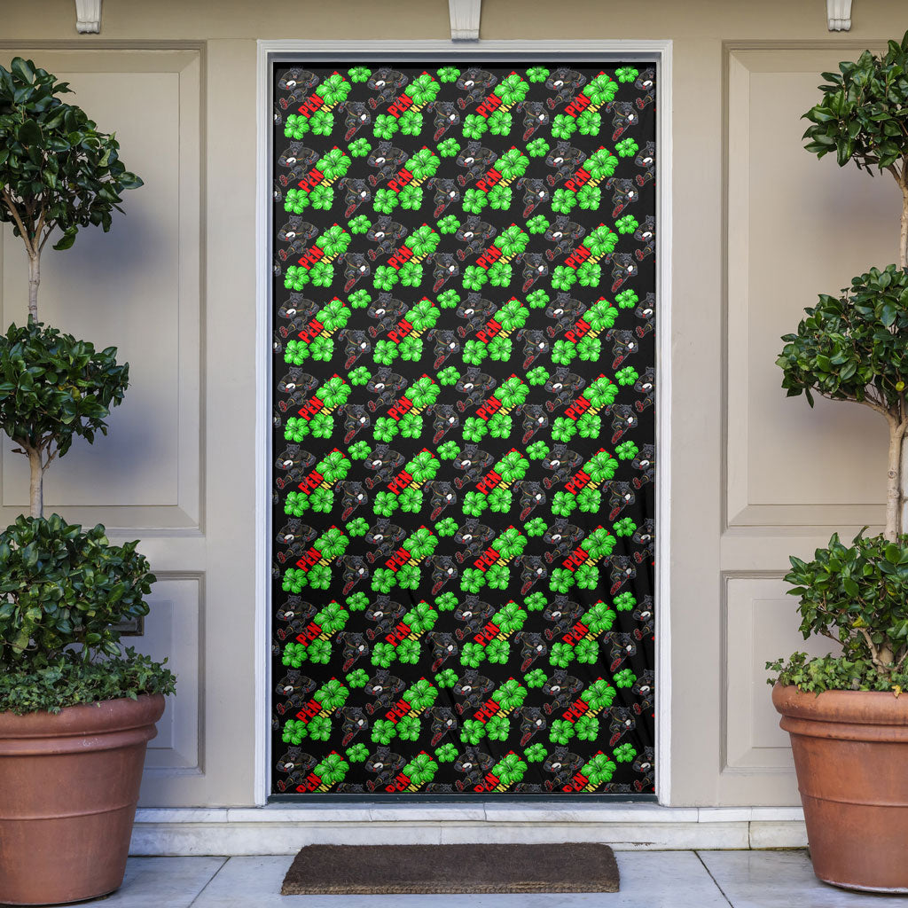 Penrith Panthers Door Cover Tropical Hibiscus Floral Seamless Rugby Mascot