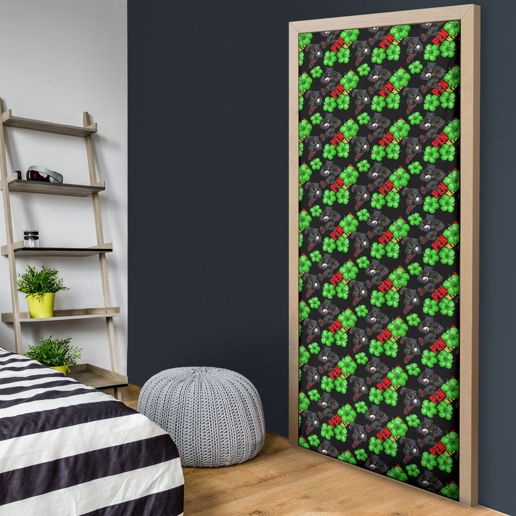 Penrith Panthers Door Cover Tropical Hibiscus Floral Seamless Rugby Mascot