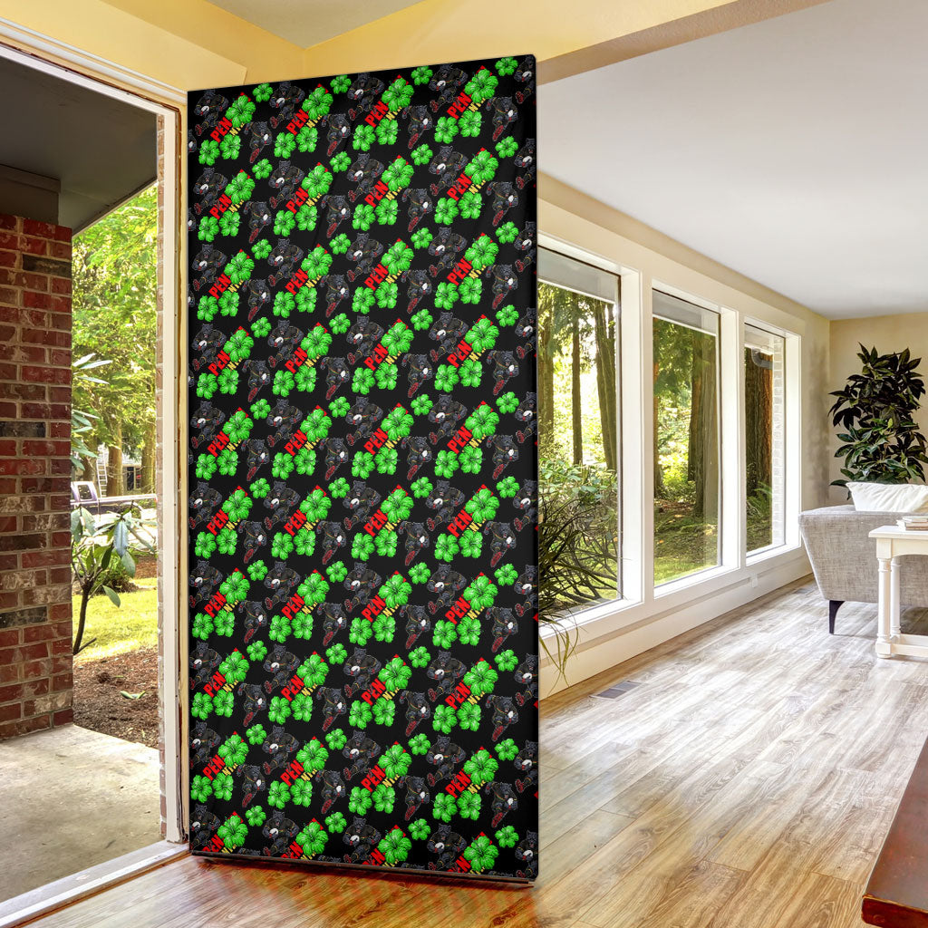 Penrith Panthers Door Cover Tropical Hibiscus Floral Seamless Rugby Mascot