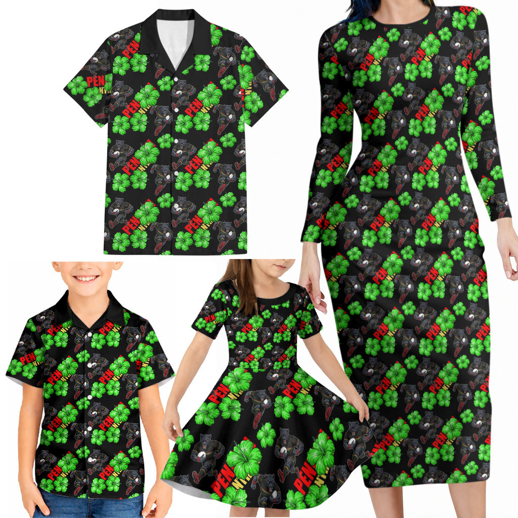 Penrith Panthers Family Matching Long Sleeve Bodycon Dress and Hawaiian Shirt Tropical Hibiscus Floral Seamless Rugby Mascot