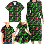 Penrith Panthers Family Matching Long Sleeve Bodycon Dress and Hawaiian Shirt Tropical Hibiscus Floral Seamless Rugby Mascot