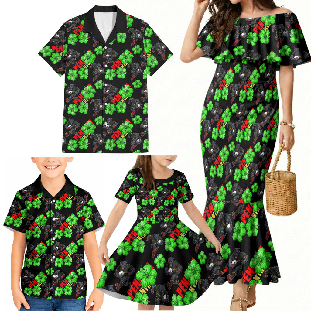 Penrith Panthers Family Matching Mermaid Dress and Hawaiian Shirt Tropical Hibiscus Floral Seamless Rugby Mascot