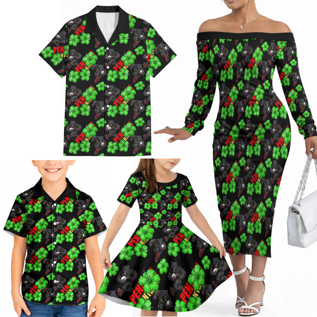 Penrith Panthers Family Matching Off The Shoulder Long Sleeve Dress and Hawaiian Shirt Tropical Hibiscus Floral Seamless Rugby Mascot
