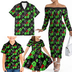 Penrith Panthers Family Matching Off The Shoulder Long Sleeve Dress and Hawaiian Shirt Tropical Hibiscus Floral Seamless Rugby Mascot
