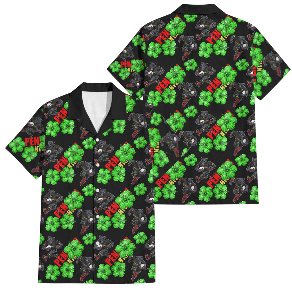 Penrith Panthers Family Matching Off The Shoulder Long Sleeve Dress and Hawaiian Shirt Tropical Hibiscus Floral Seamless Rugby Mascot