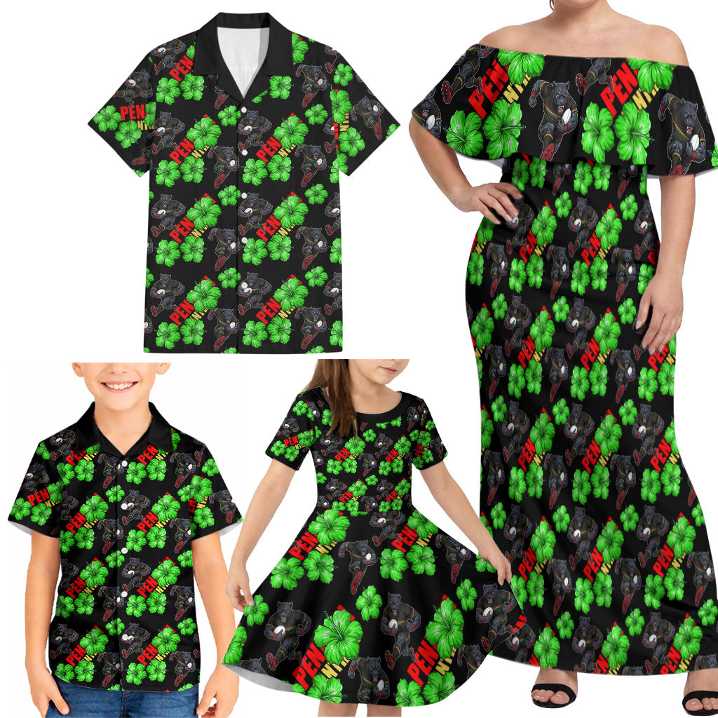 Penrith Panthers Family Matching Off Shoulder Maxi Dress and Hawaiian Shirt Tropical Hibiscus Floral Seamless Rugby Mascot