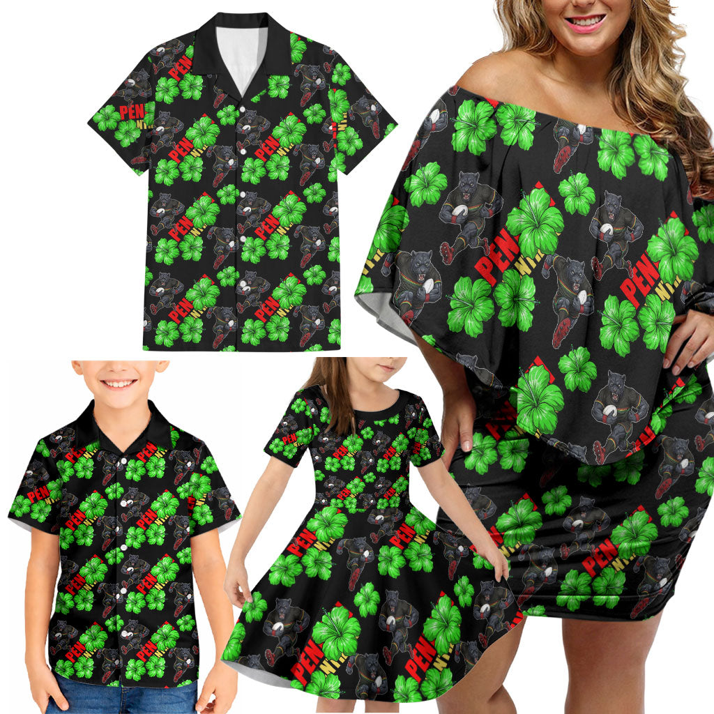 Penrith Panthers Family Matching Off Shoulder Short Dress and Hawaiian Shirt Tropical Hibiscus Floral Seamless Rugby Mascot